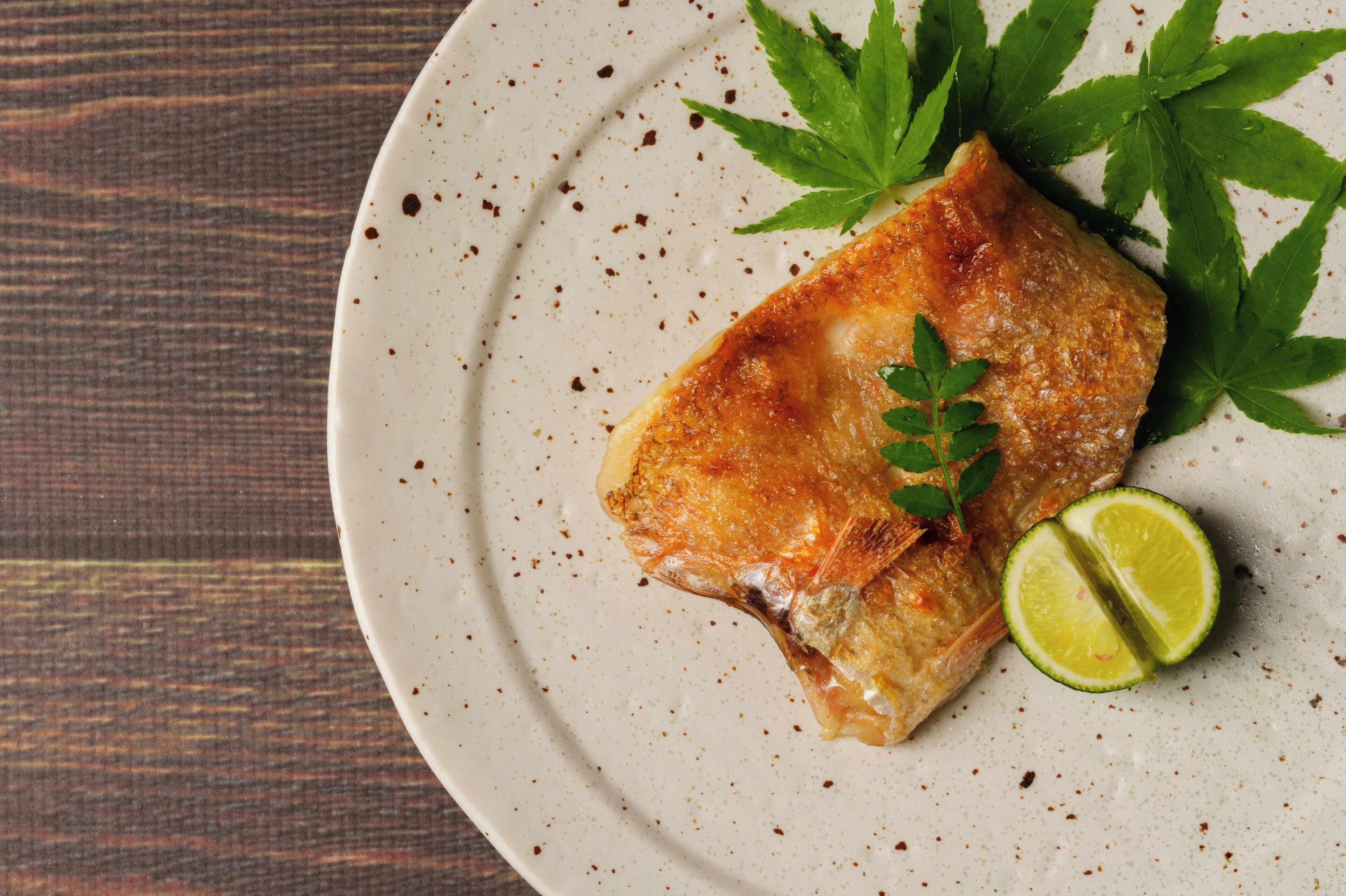 Ein Teller mit einem Stück frittiertem Fisch, einer halben Limette und grünen Blättern.