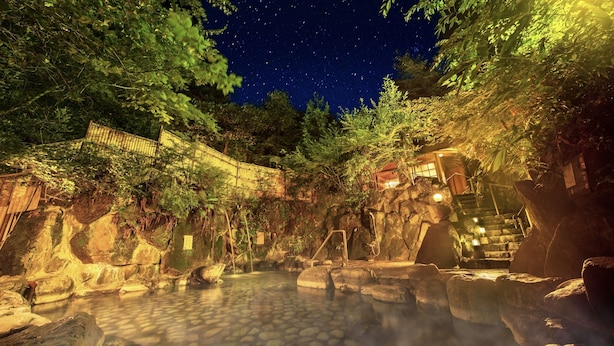 A stone-tiled hot spring area surrounded by rocks and trees, with a bamboo fence and traditional Japanese architecture in the background. - Ooedo Onsen Monogatari Miyoshiya (Shinonsen)