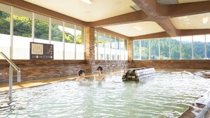 An indoor swimming pool with clear views of a forested landscape through large windows. - Ooedo Onsen Monogatari Miyoshiya (Shinonsen)