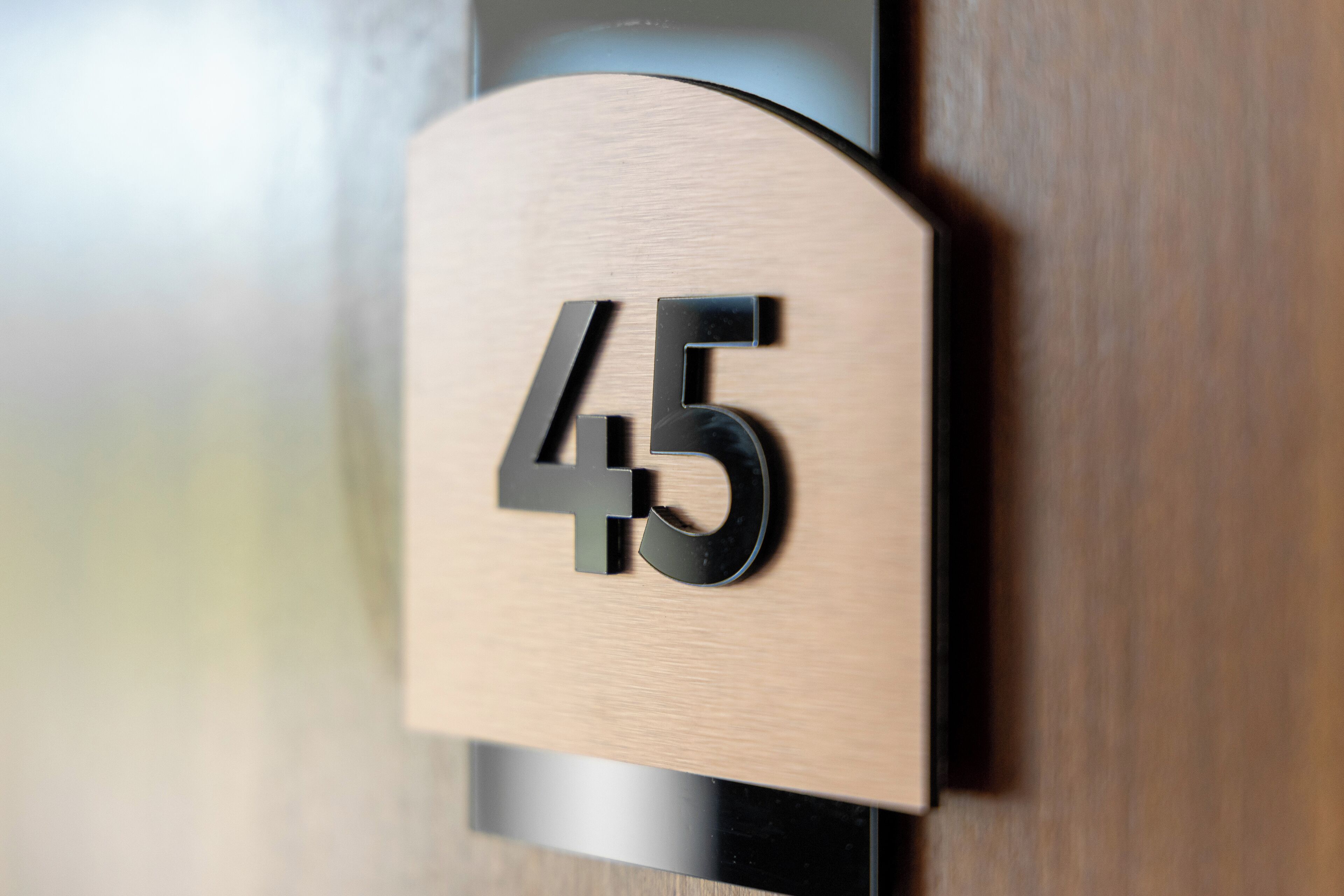A wooden door with a number '45' sign.