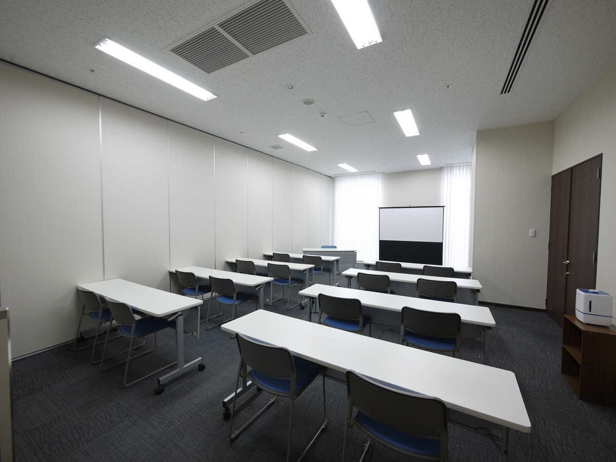 A classroom with rows of desks and chairs, a projector screen, and a door.