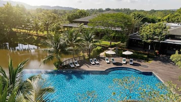 Outdoor pool, pool umbrellas, pool loungers