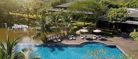 Outdoor pool, pool umbrellas, pool loungers