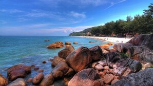 Une plage avec de gros rochers au premier plan, un ciel bleu dégagé et une vue lointaine d’une autre plage où l’on aperçoit des personnes et des arbres.