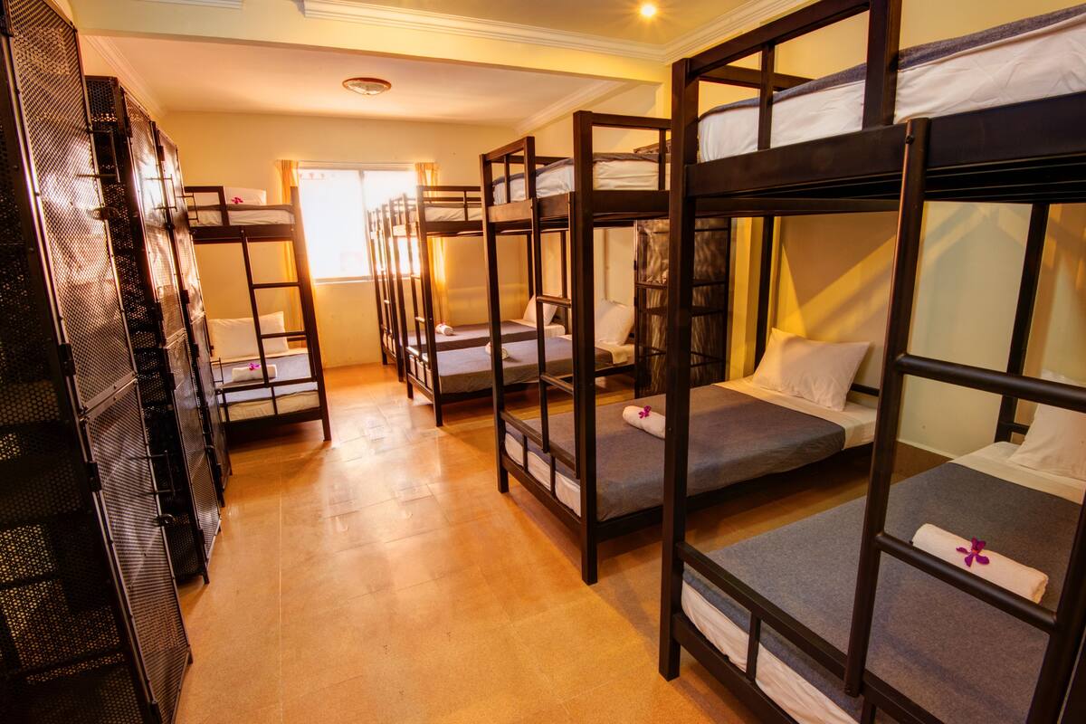 A dormitory-style room with bunk beds, a window, and a metal rack.