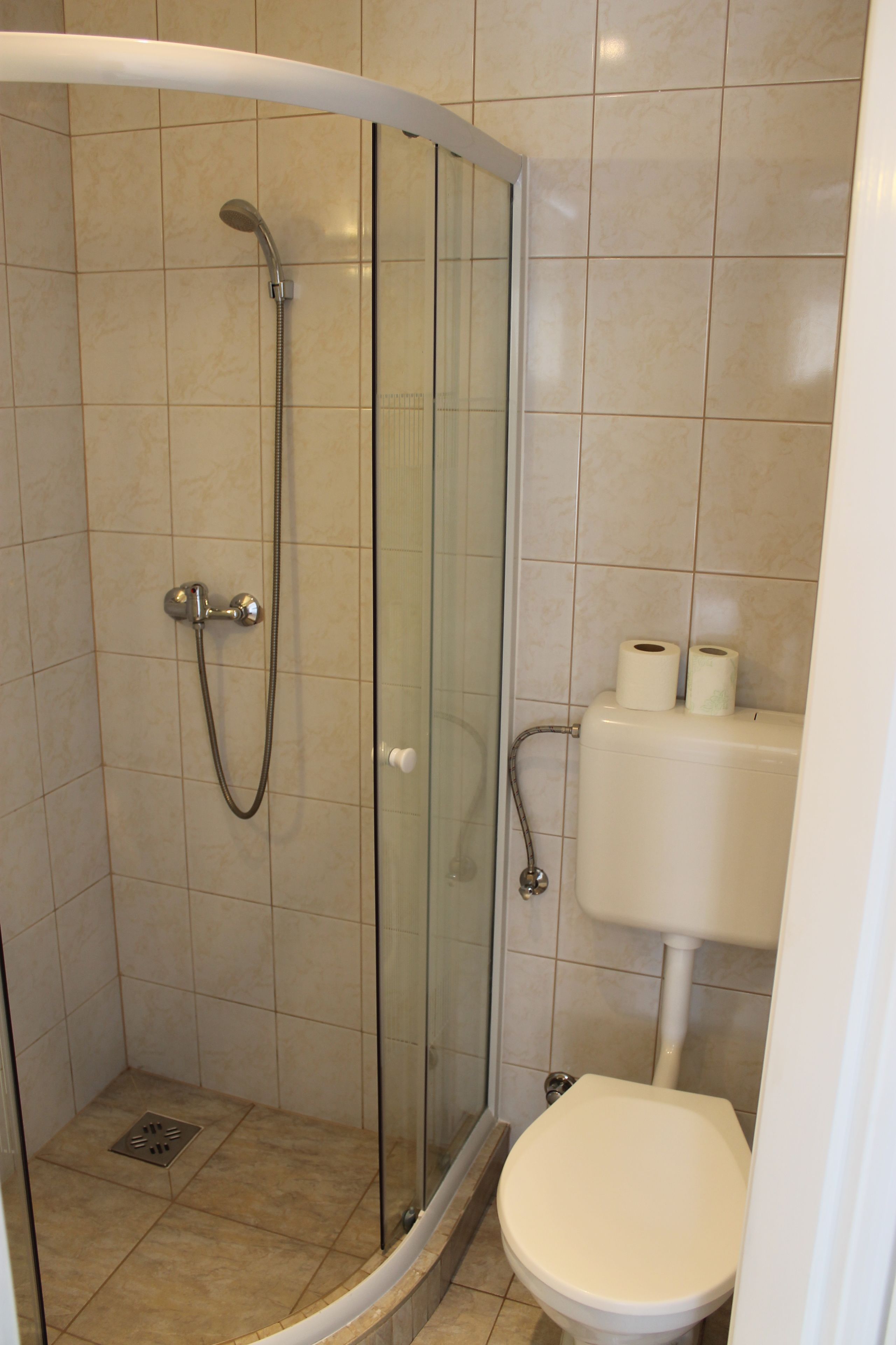 Una ducha con mampara de vidrio, cabezal de ducha manual, un inodoro y dos rollos de papel higiénico en la pared.