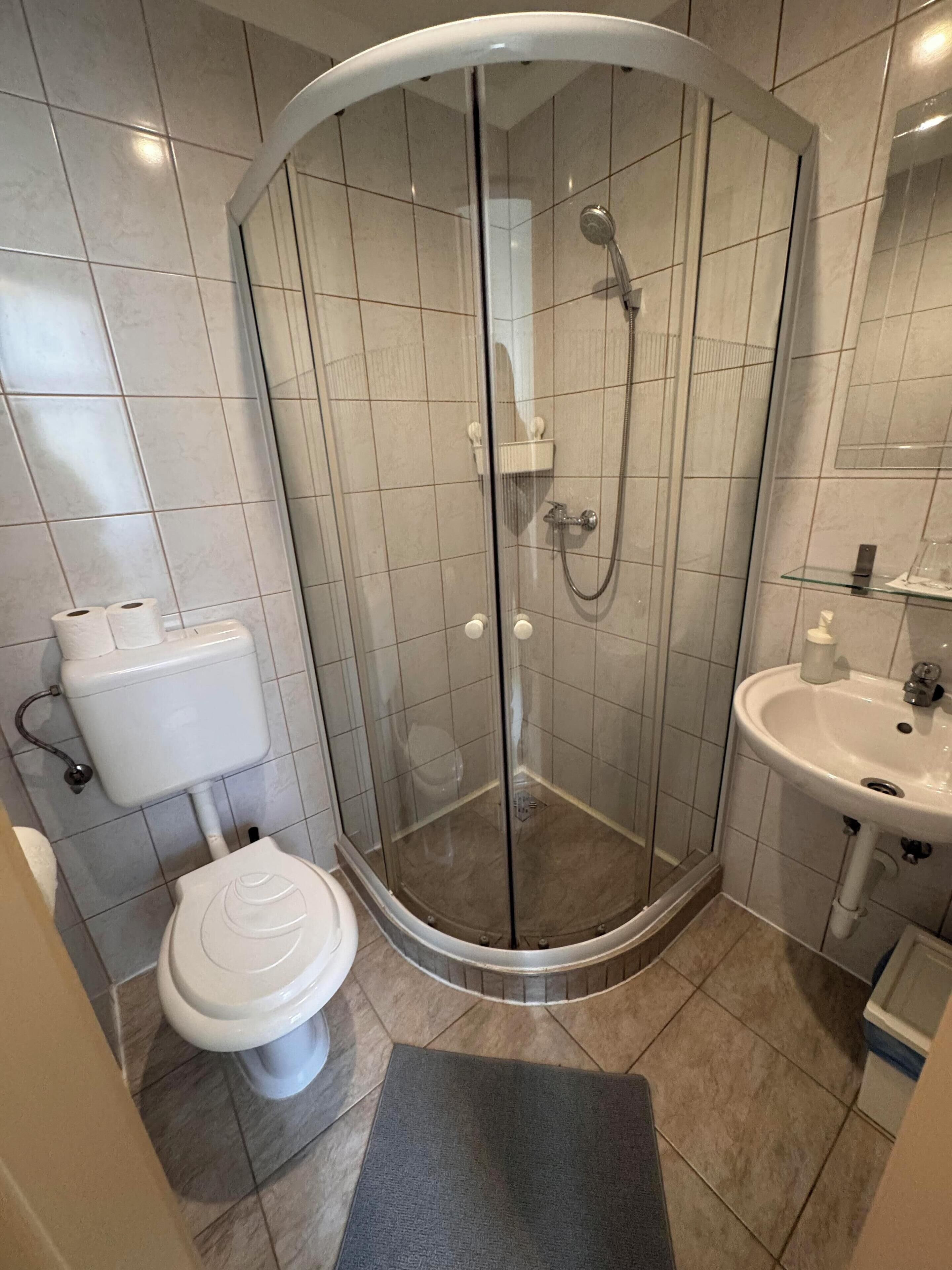 Een moderne badkamer met een douchecabine, een toilet en een wastafel.