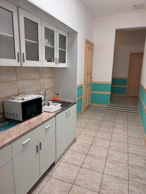 Fridge, microwave, cookware/dishes/utensils - Omega Guesthouse Budapest (Budapest)