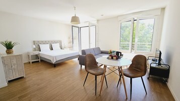 Estúdio clássico, 1 cama de casal | Individualmente mobiliados, ferros/tábuas de passar roupa