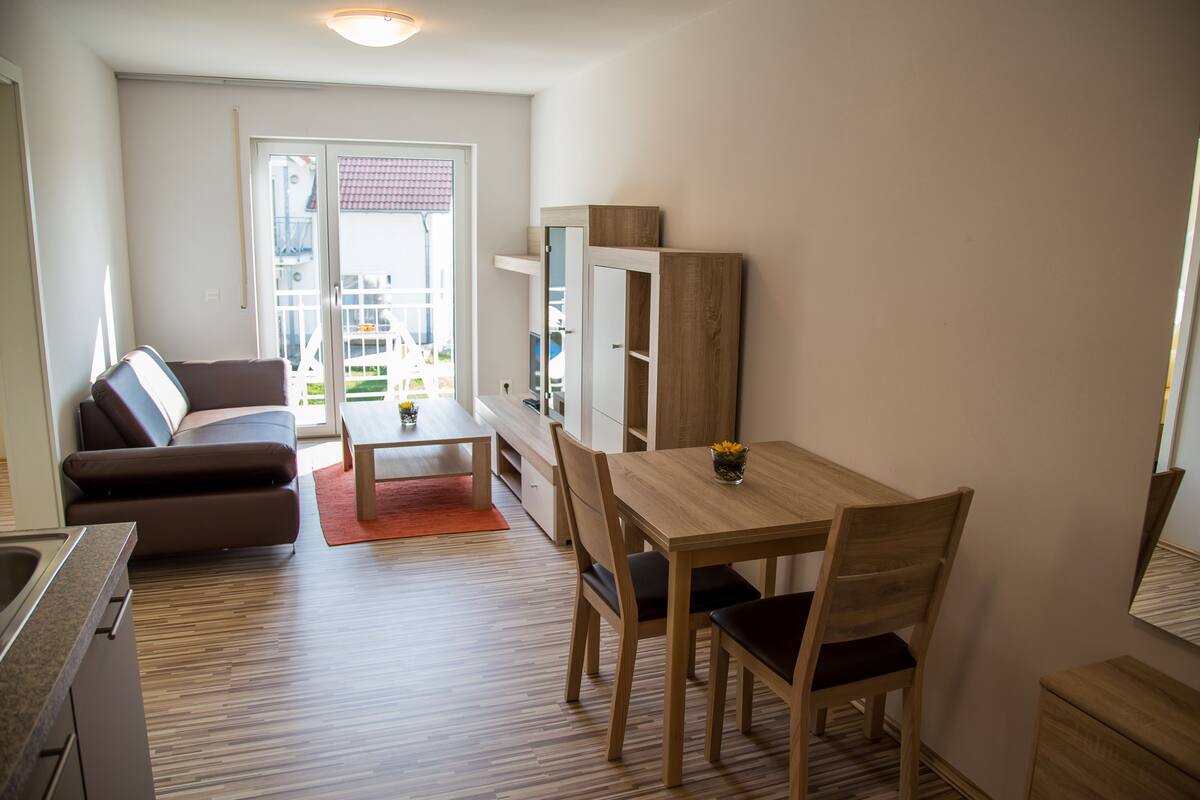 Ein modernes Wohnzimmer mit Sofa, Esstisch und Stühlen. Es gibt eine Küchenzeile mit Spüle und Schränken.