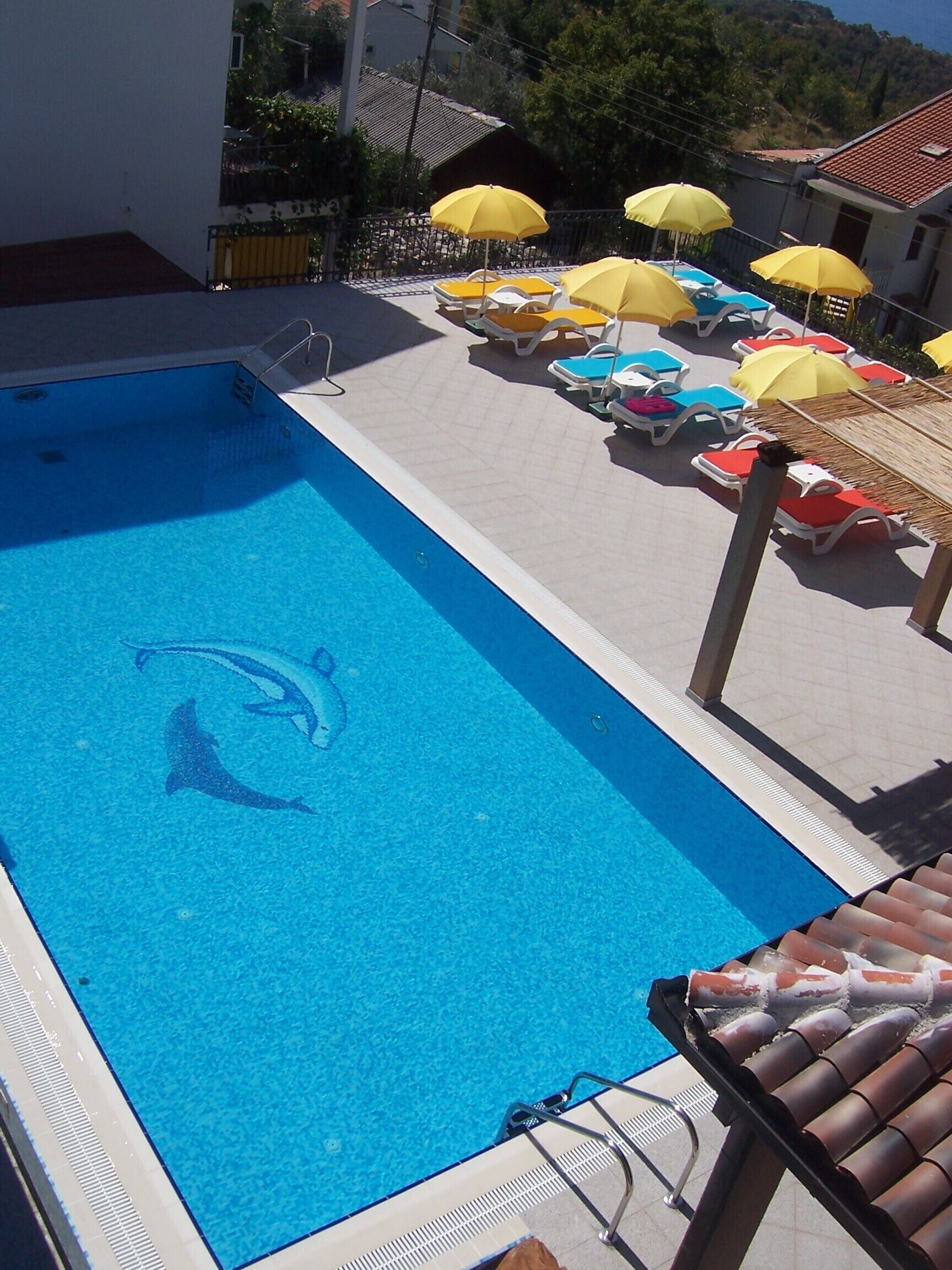 Una piscina con diseño de delfín, rodeada de sillones de descanso y sombrillas amarillas.