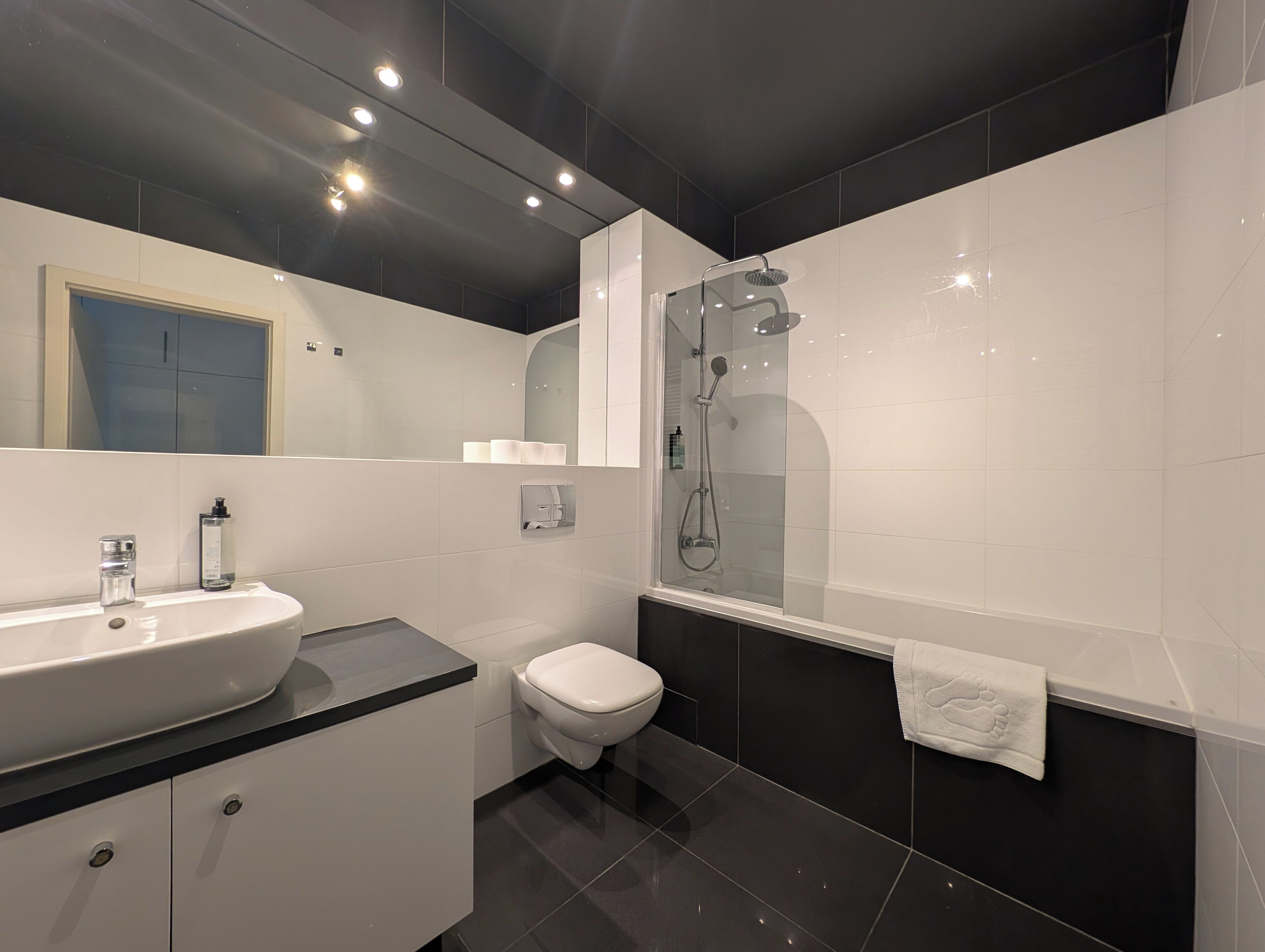 A modern bathroom with a large sink, toilet, and walk-in shower.