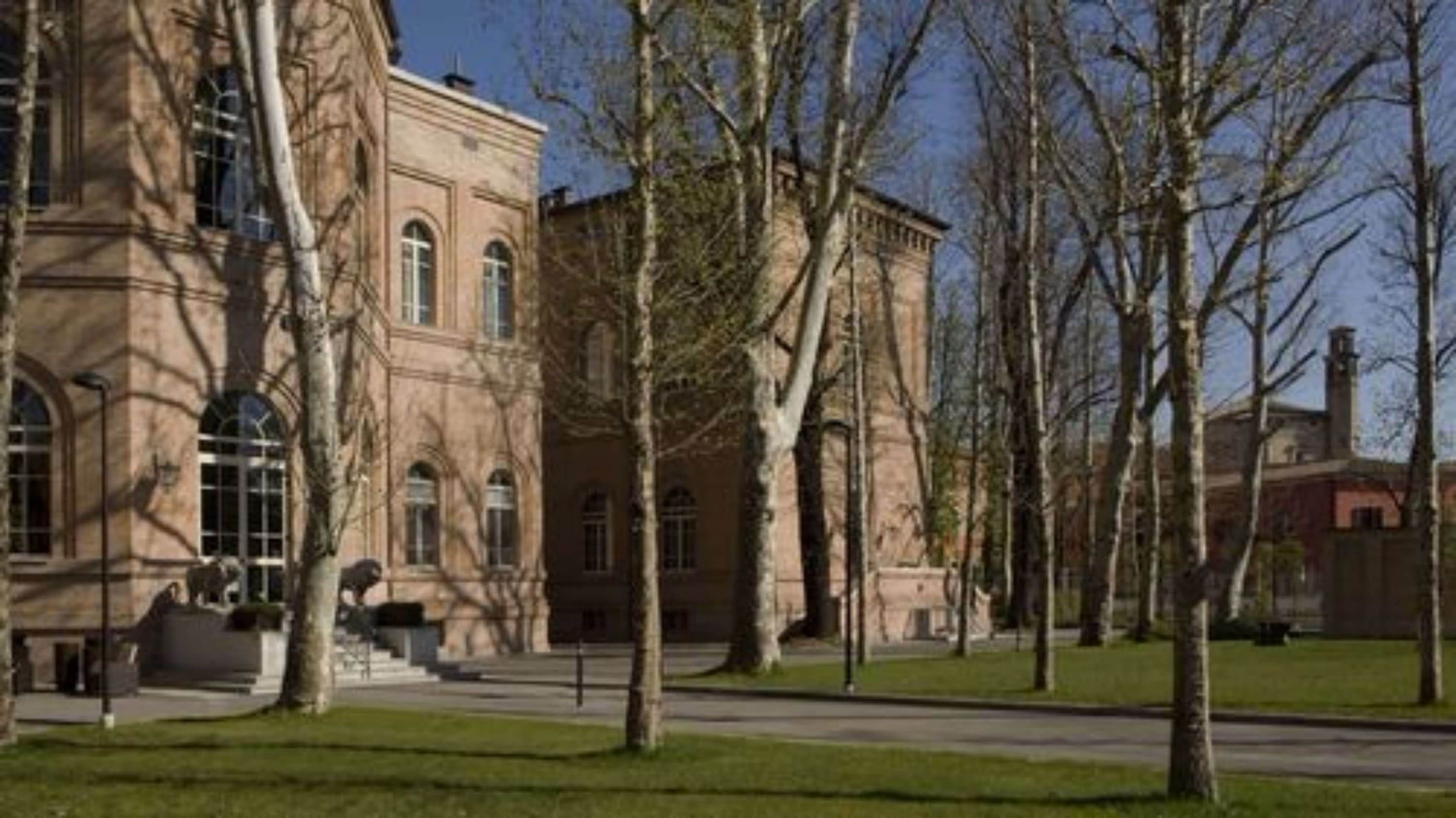 Un edificio storico con finestre ad arco e una facciata simmetrica, circondato da un prato curato e alberi.