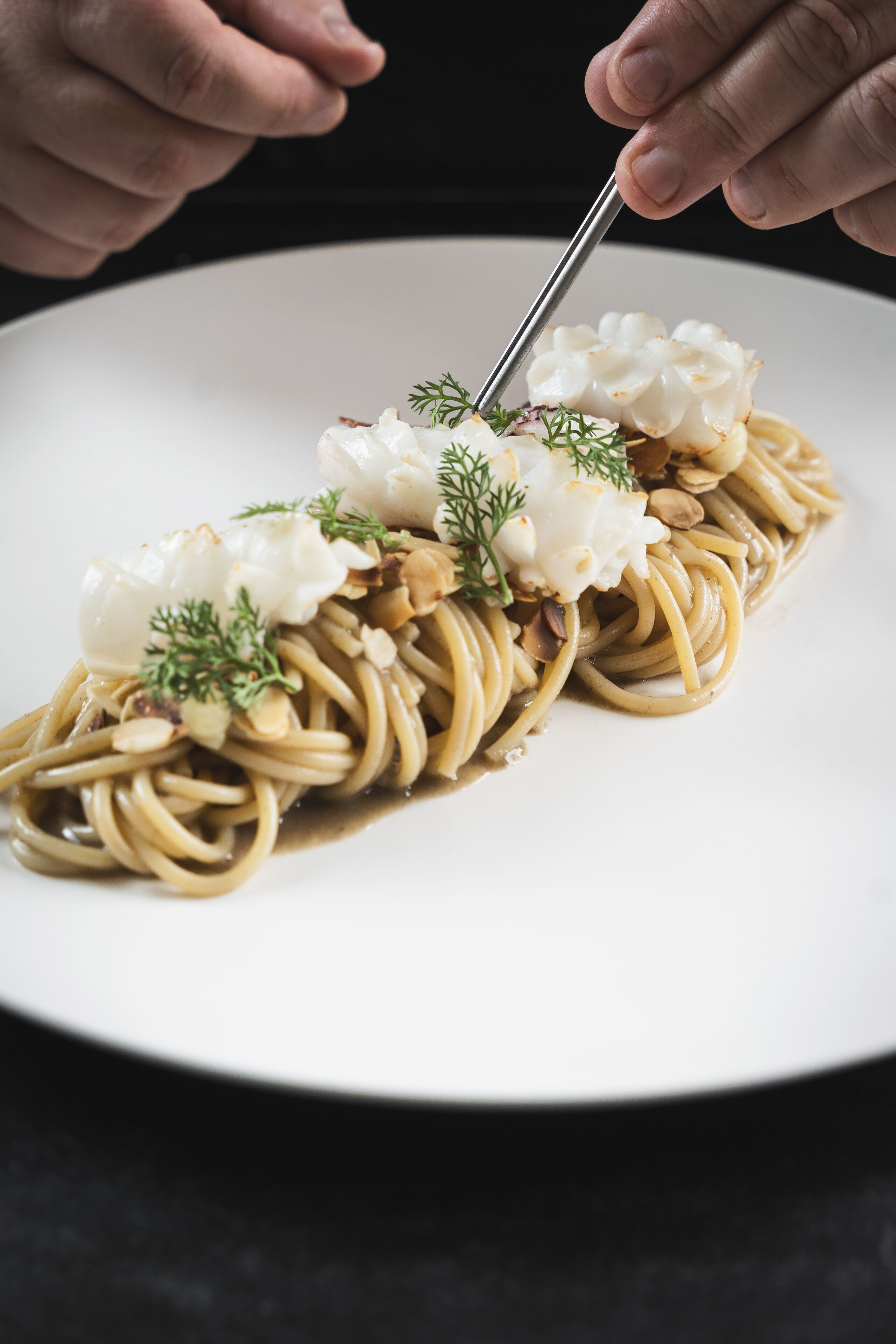 A plate of spaghetti with a creamy topping and garnished with herbs.