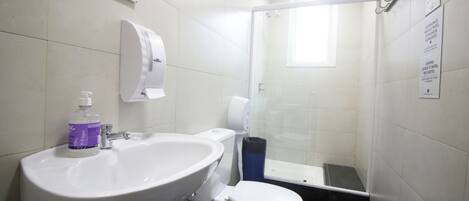 Ein Badezimmer mit Waschbecken, Toilette und Dusche.