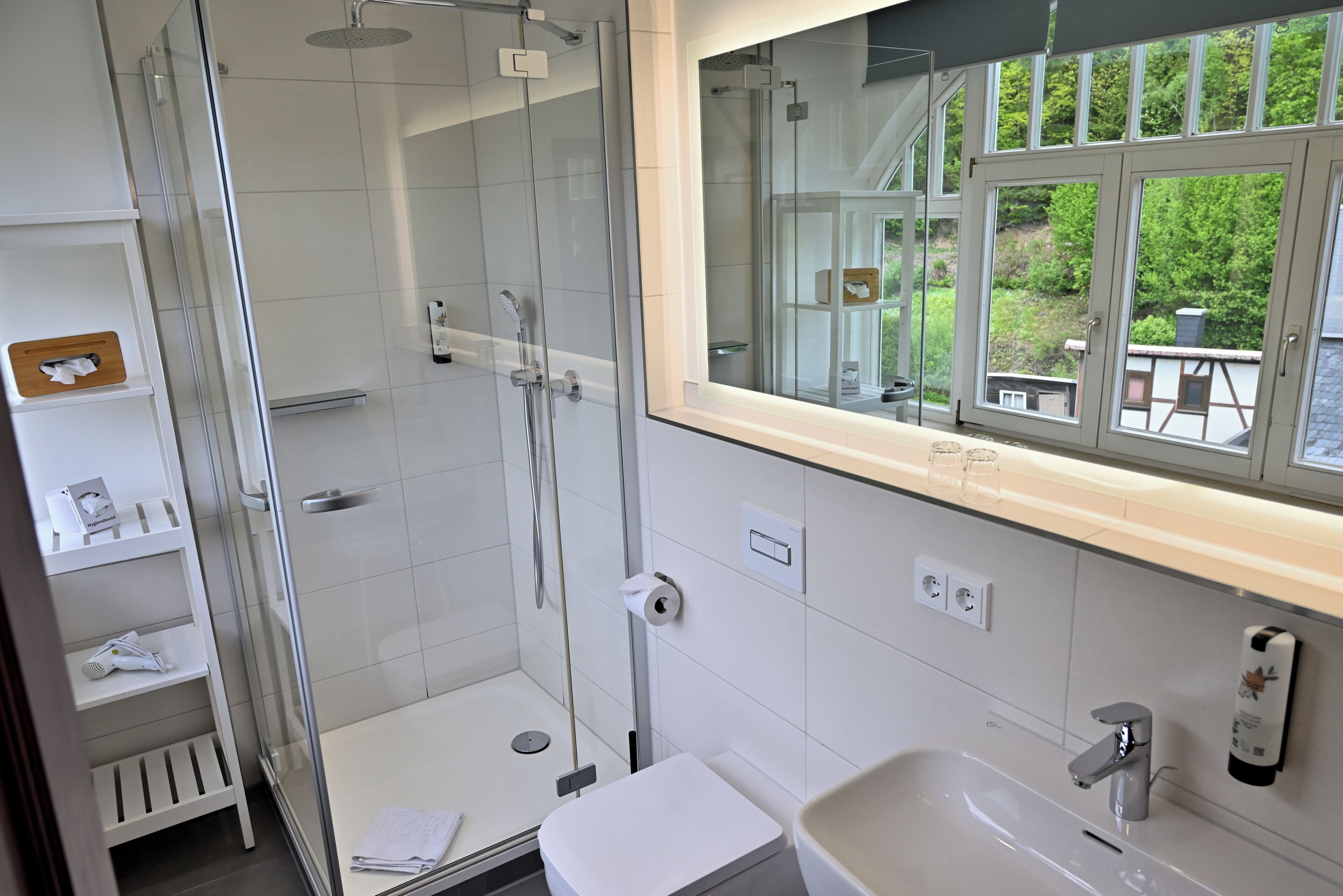 A modern bathroom with a glass shower enclosure, a white sink, and a large mirror reflecting a view of greenery outside.