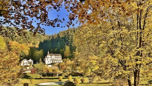 A large estate with a prominent building, surrounded by a well-maintained garden and a pond. - Flair Hotel Waldfrieden (Schwarzatal)