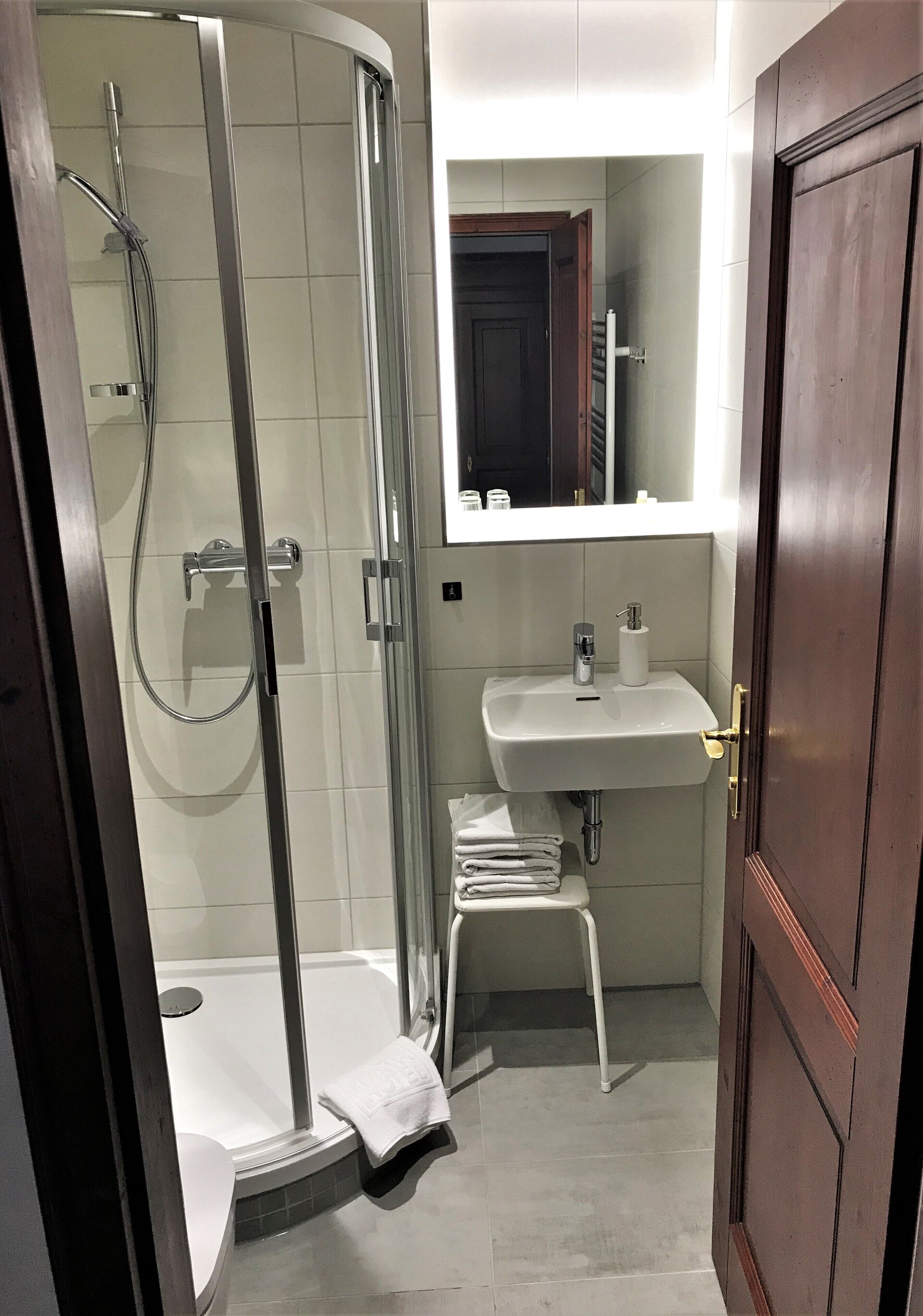 A bathroom with a glass-enclosed shower, a sink with a mirror above it, and a wooden door.