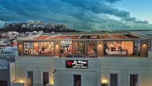 A two-story building with a restaurant on the upper floor.