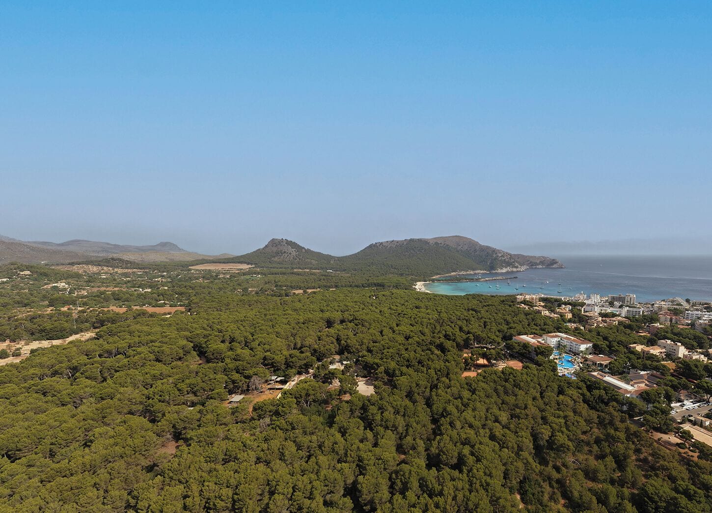 A coastal town with dense forest, mountains, and a beach with boats.