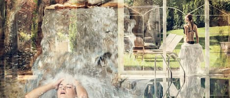 Indoor pool, outdoor pool, pool umbrellas, sun loungers