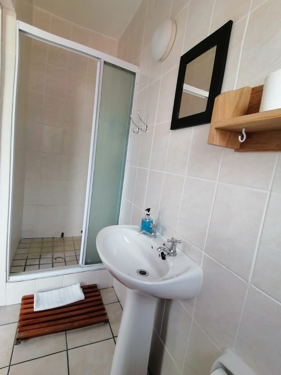 A bathroom with a shower, a sink, and a mirror.