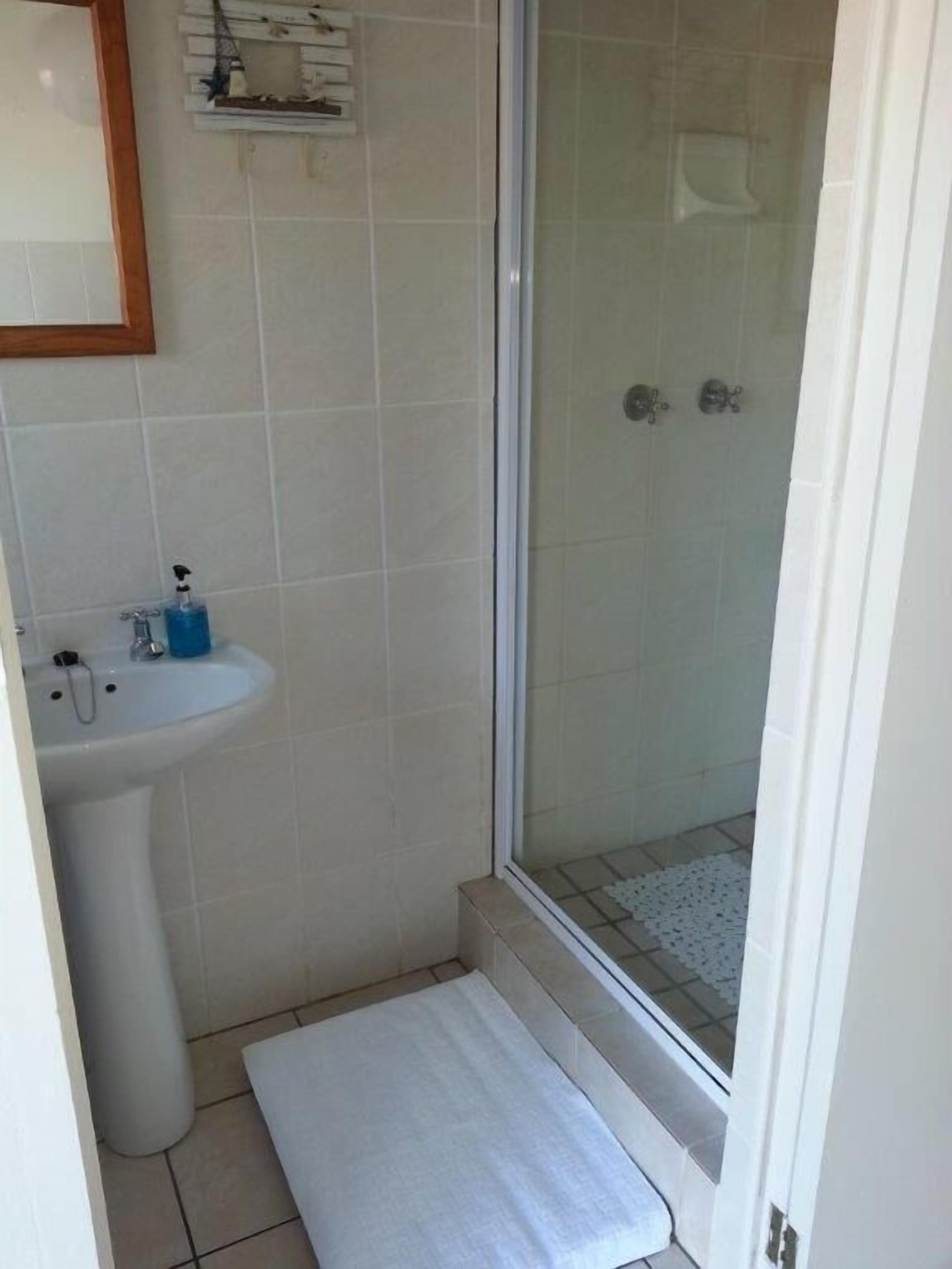 Een badkamer met een douchecabine van glas, een wastafel op een voetstuk en een klein plankje erboven.