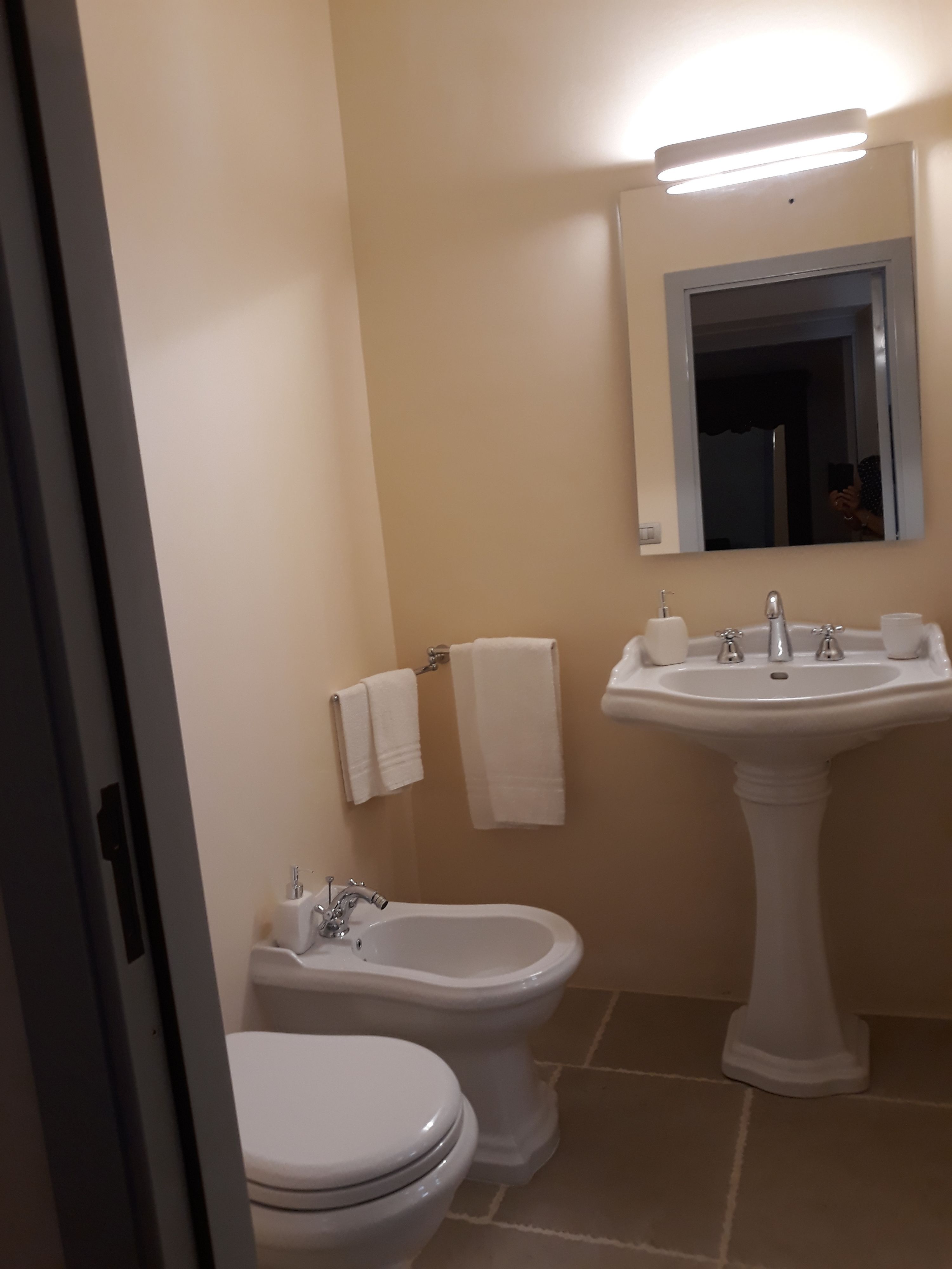 A bathroom with a toilet, bidet, and sink.