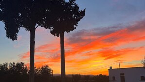 Un espacio exterior tranquilo con piscina, sillas de descanso y vistas al atardecer.