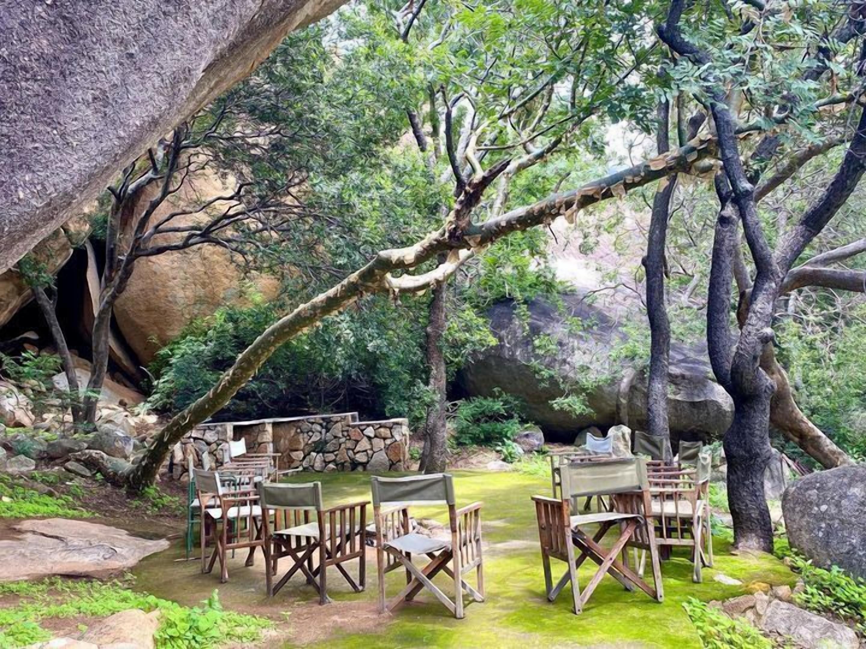 An outdoor seating area with tables and chairs, surrounded by rocks and trees.