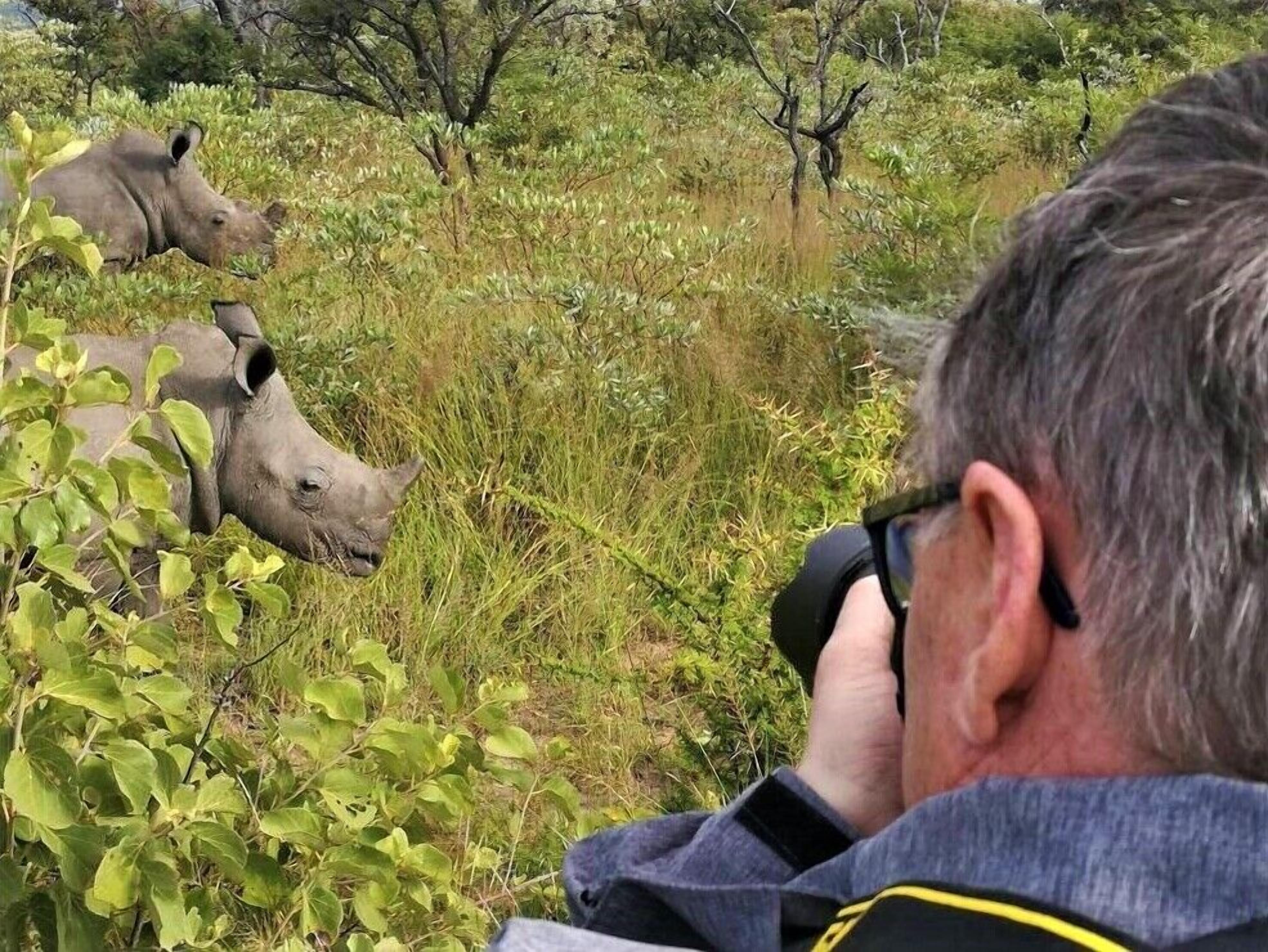 Una persona fotografiando rinocerontes en su hábitat natural.