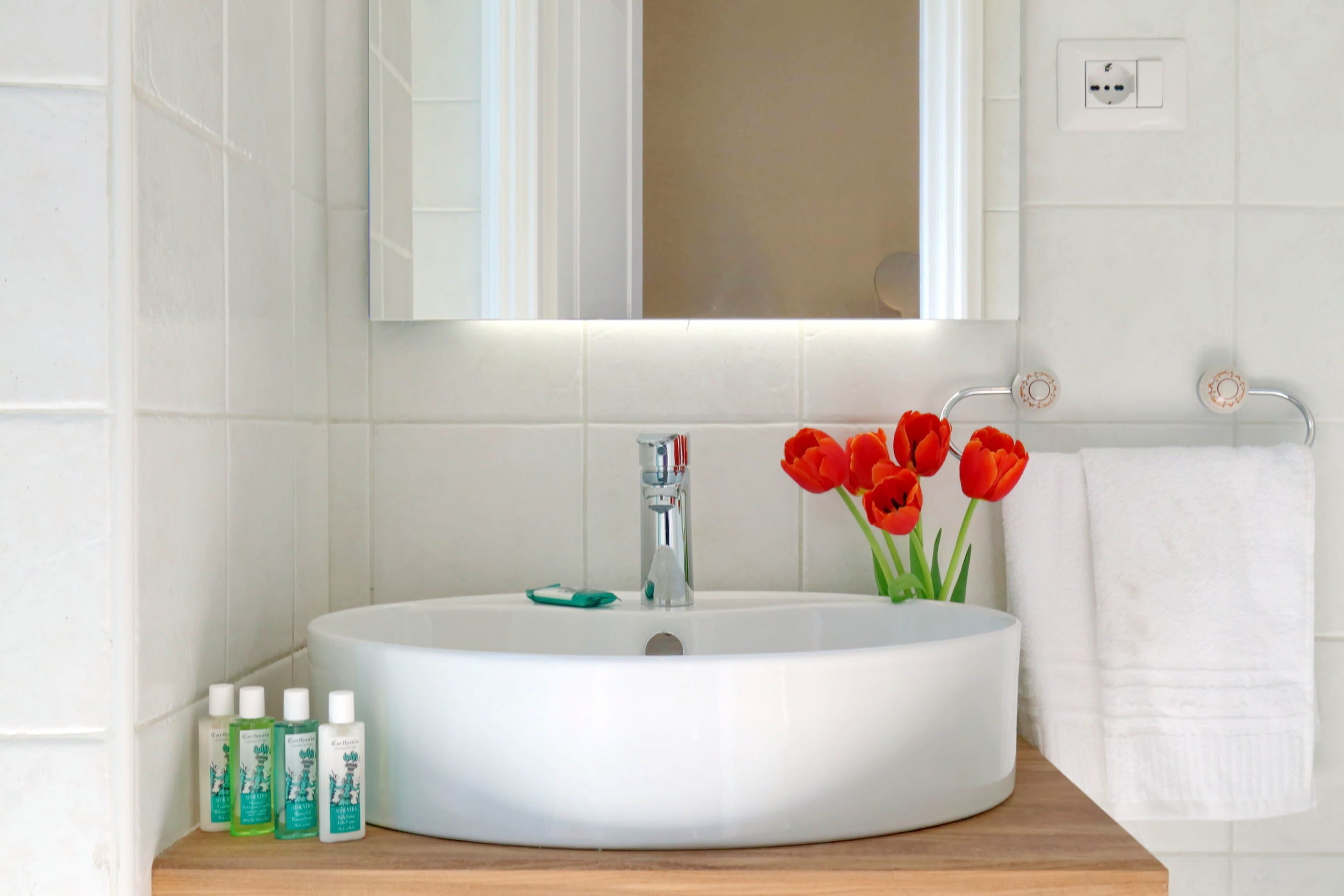 A bathroom with a white sink, a mirror, and a towel rack.
