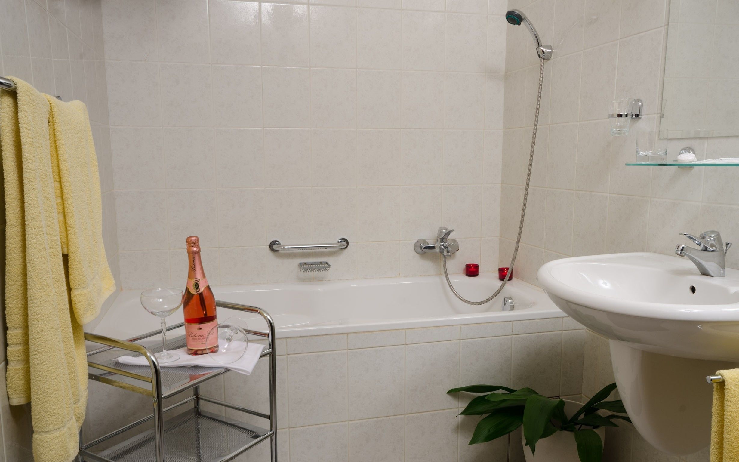 free toiletries, hair dryer, towels