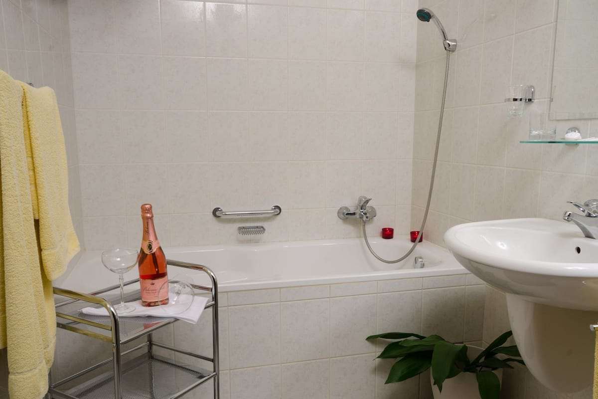 free toiletries, hair dryer, towels