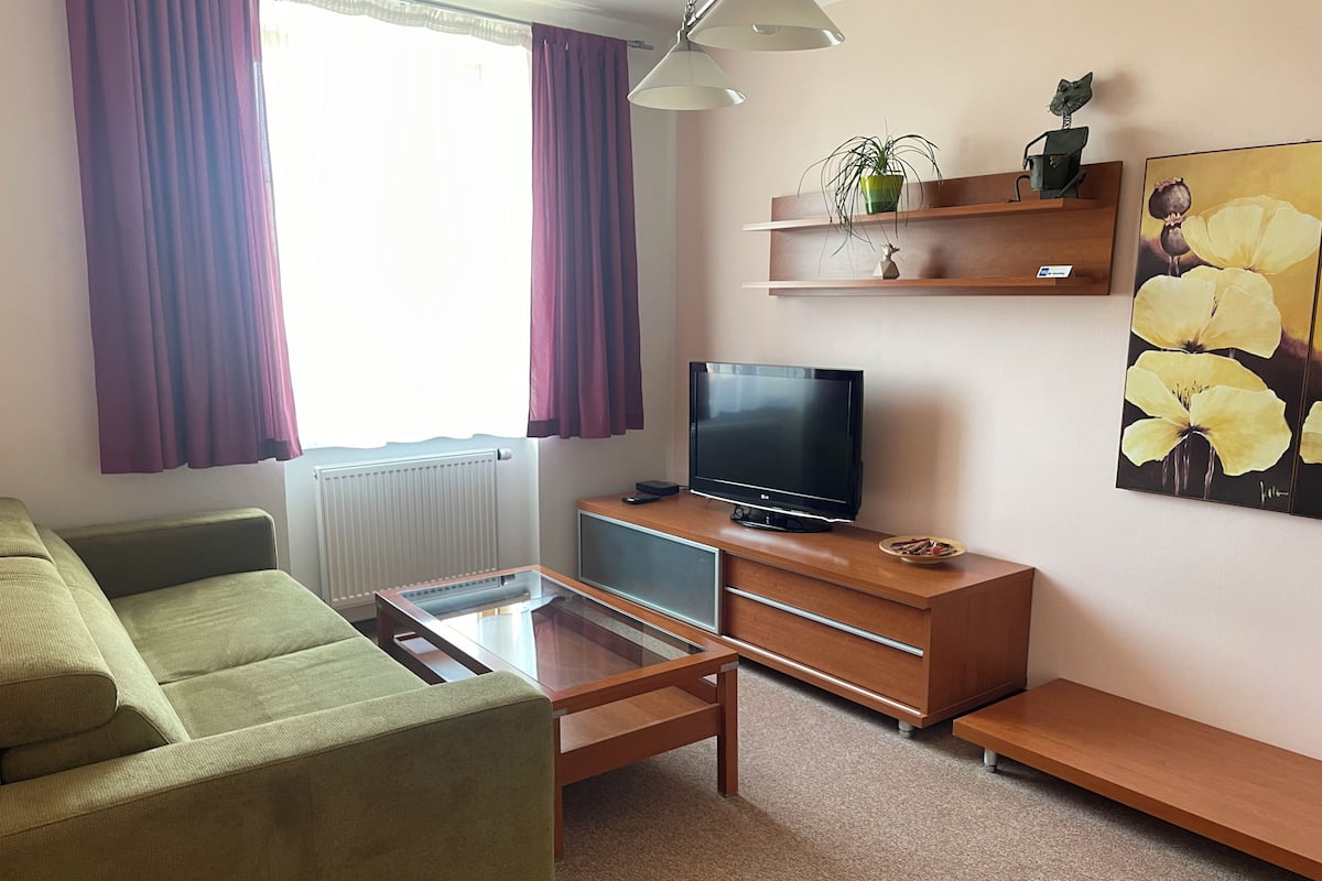 Ein modernes Wohnzimmer mit einem grünen Sofa, einem Glastisch, einem Flachbildfernseher, Holzregalen mit Dekorationsobjekten und einem Gemälde von gelben Blumen.