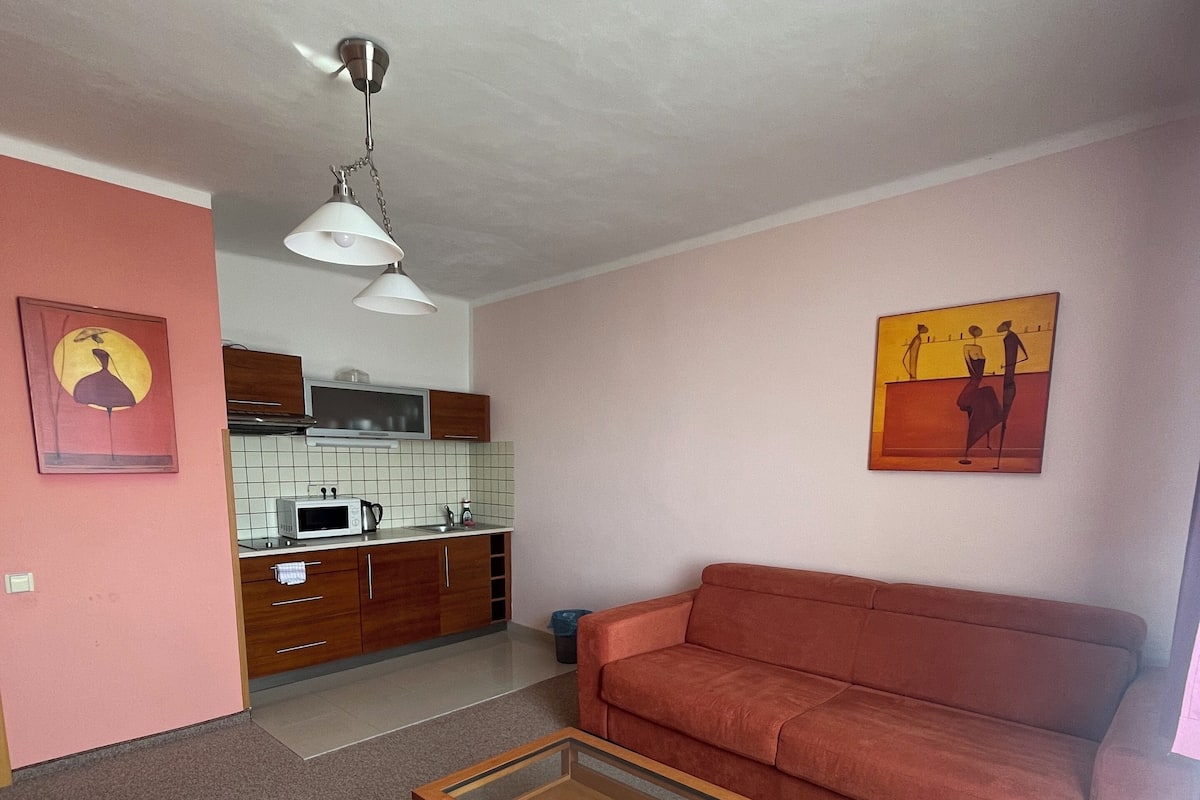 Ein Wohnzimmer mit Couchtisch aus Holz, einem roten Sofa, einer Küchenzeile mit Schränken und einer Mikrowelle sowie zwei Bildern an den Wänden.
