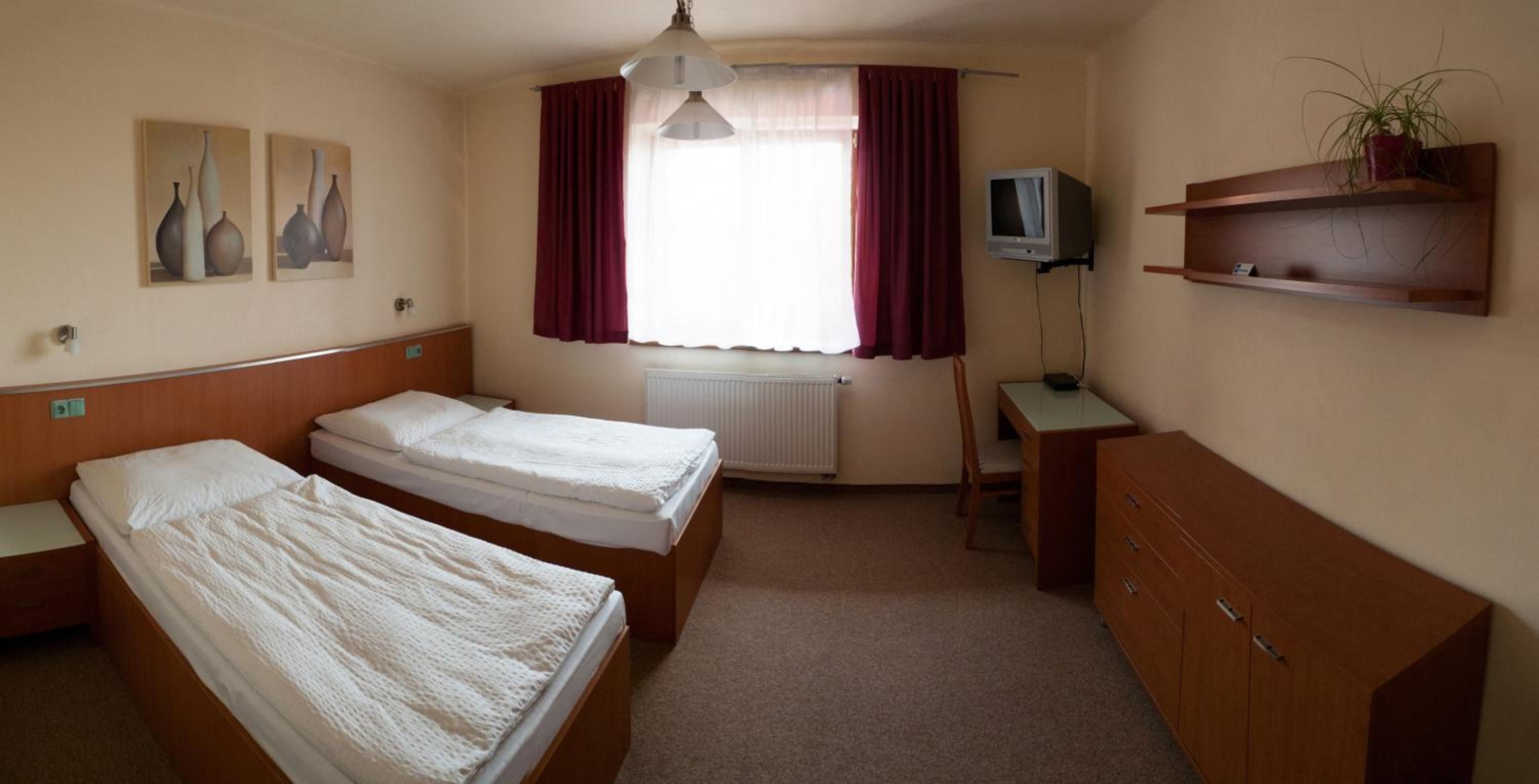 A hotel room with two single beds, a desk with a chair, a television, a radiator, and a shelf with a plant.