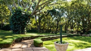 A well-maintained garden with a stone pathway, neatly trimmed hedges, and a variety of trees. - Eagle Wind Manor (Botha's Hill)