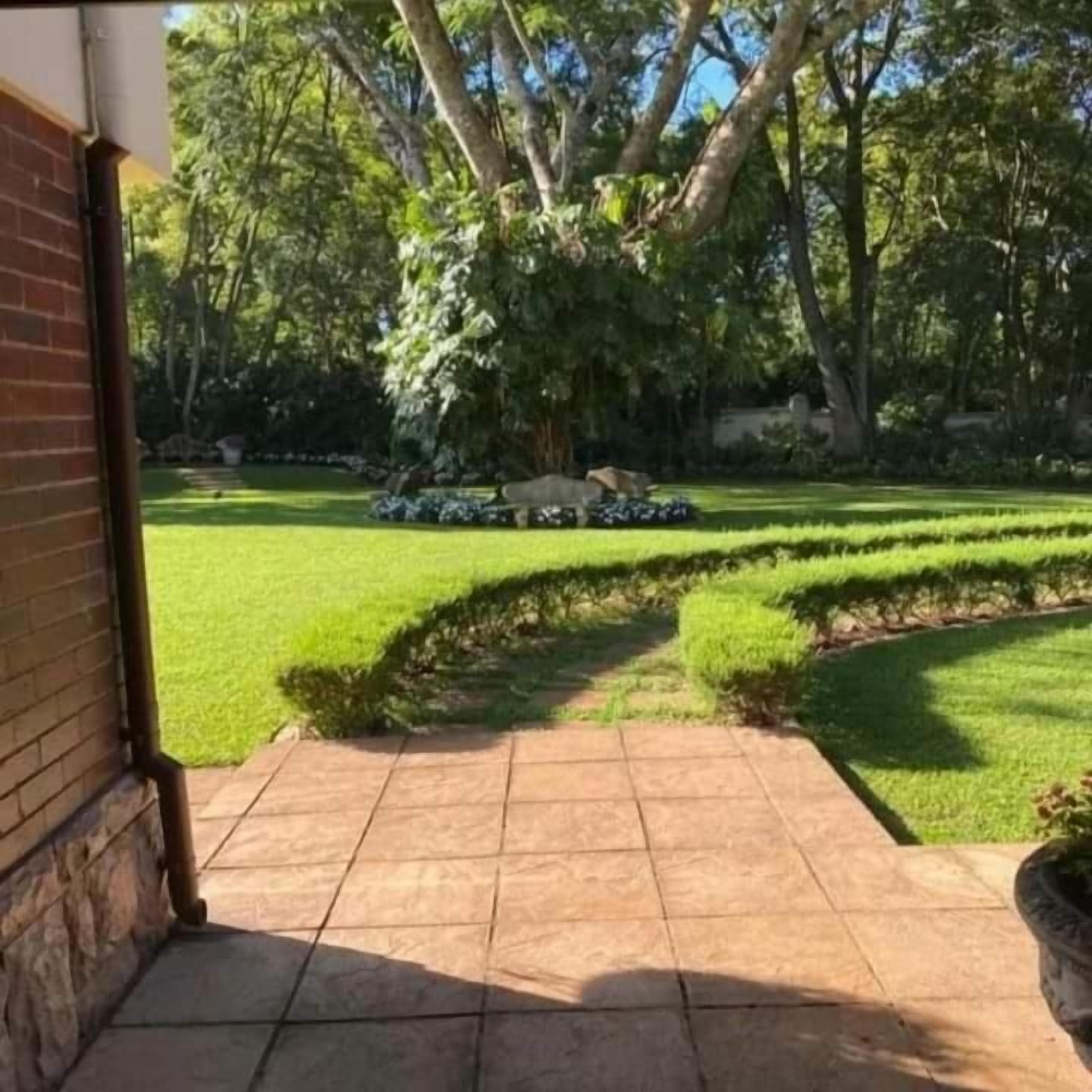 Un patio empedrado que conduce a un césped cuidado, con setos y árboles al fondo.