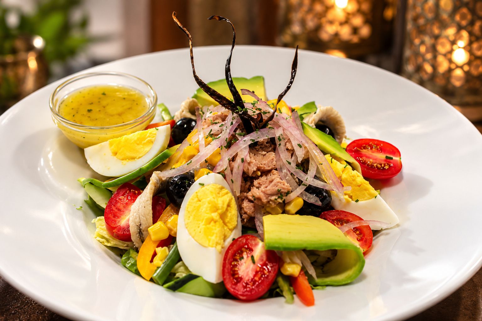 A plate of salad with various ingredients and a small bowl of dressing.