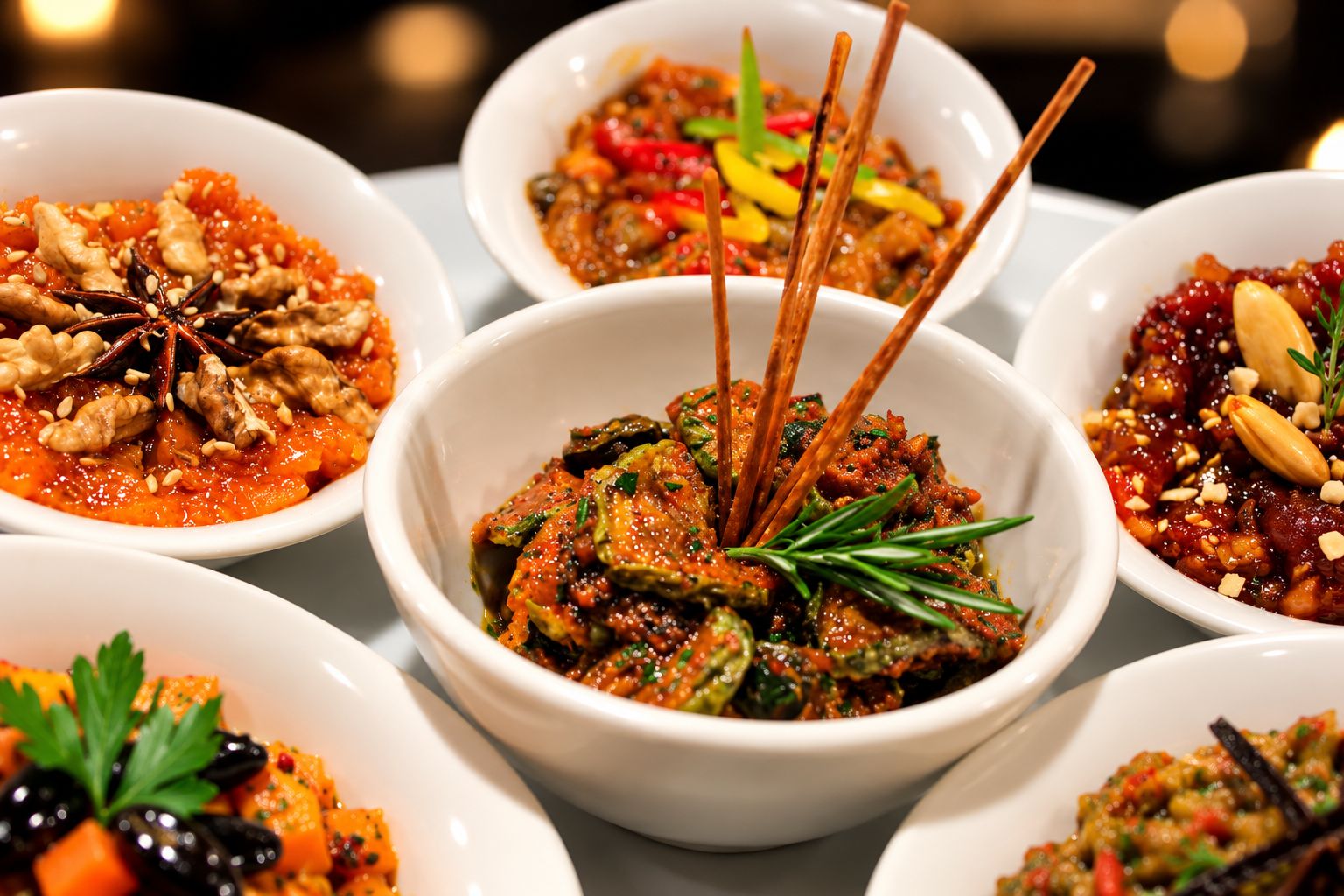 A variety of dishes in white bowls, each garnished with different herbs and nuts.