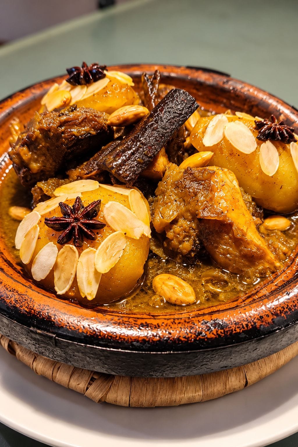 A traditional dish with meat, potatoes, and almonds in a clay pot.
