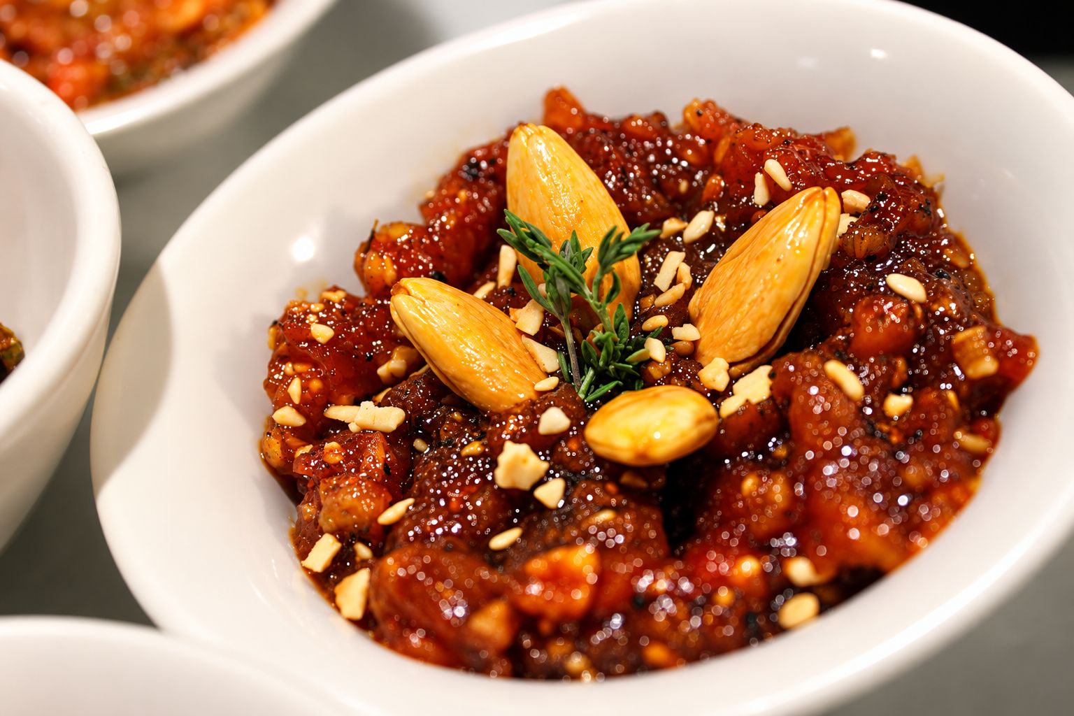 A bowl of food with almonds and a sprig of herb.