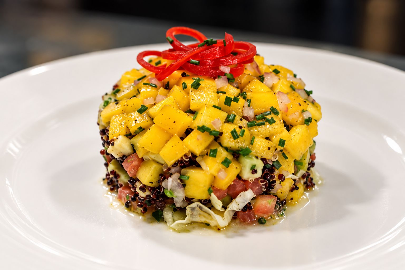 A dish with diced mango, red onion, and black beans on a white plate.