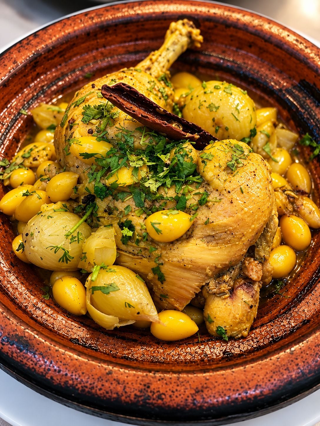 A ceramic dish with a roasted chicken, potatoes, and chickpeas garnished with herbs.