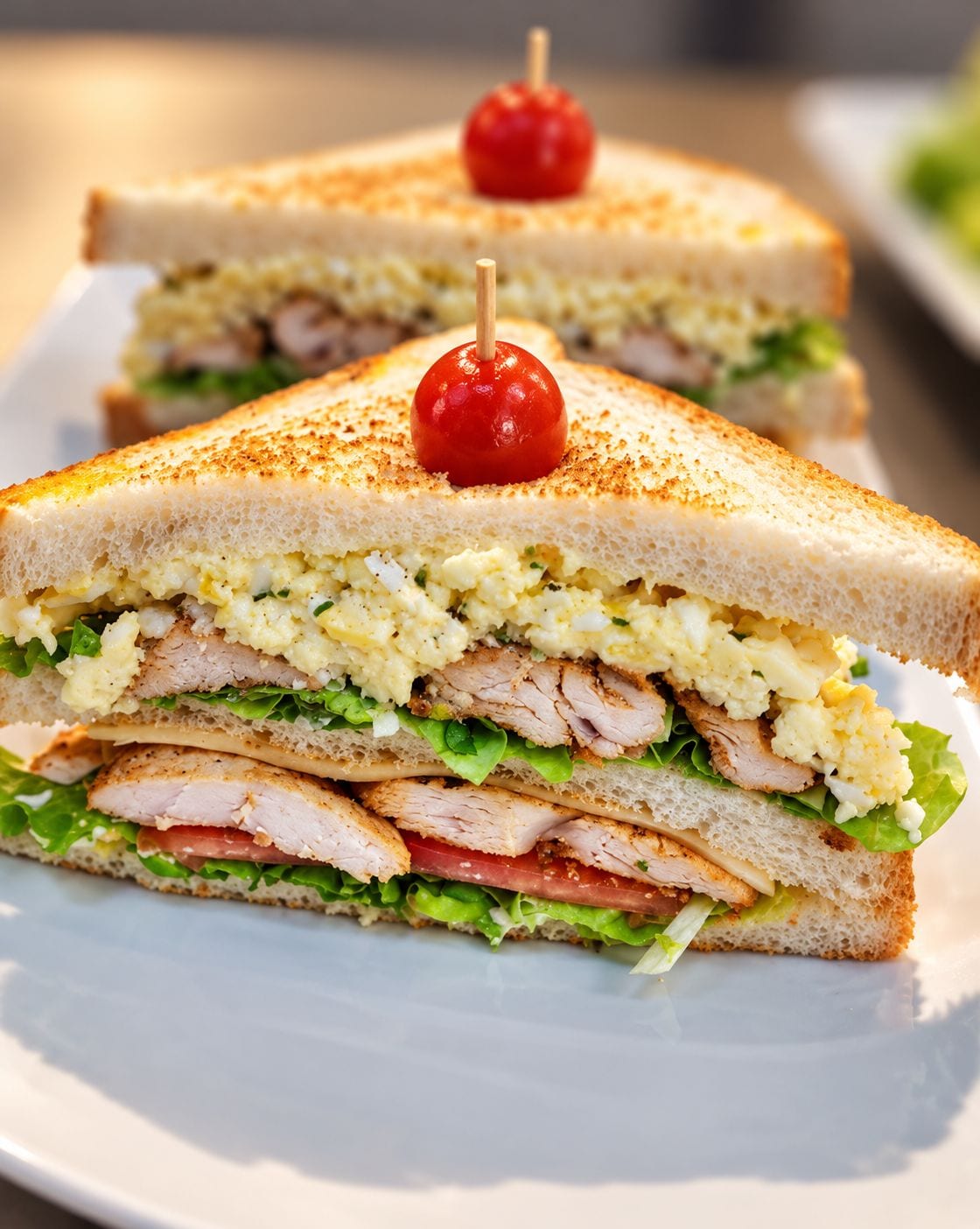 A sandwich with a cherry on top, placed on a white plate.
