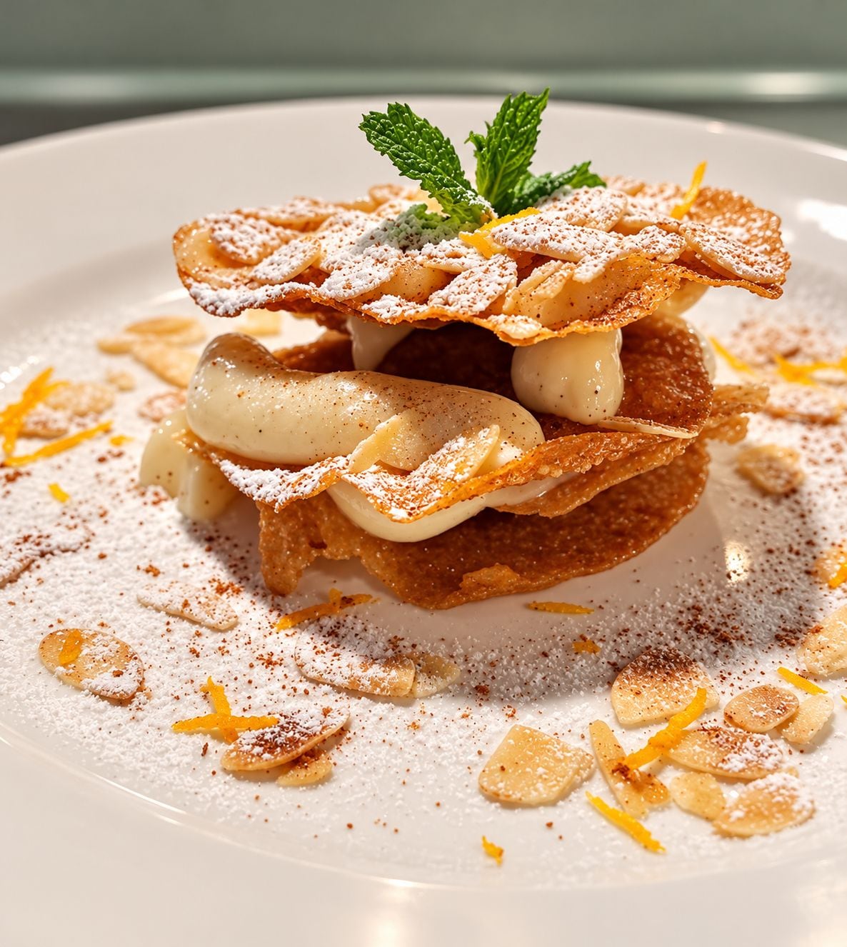 Un postre con capas, adornado con hojas de menta y ralladura de naranja, espolvoreado con azúcar glas y canela.