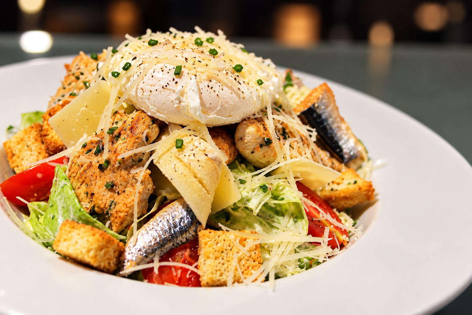 A plate of food with various ingredients including fish, cheese, and vegetables.
