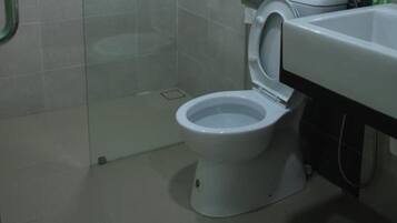 Uma casa de banho com sanita branca, cabine de duche em vidro e lavatório branco.