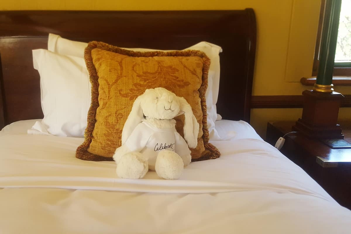 A bed with a white pillow, a brown decorative pillow, and a white stuffed bunny with a 'Celebrate' shirt.